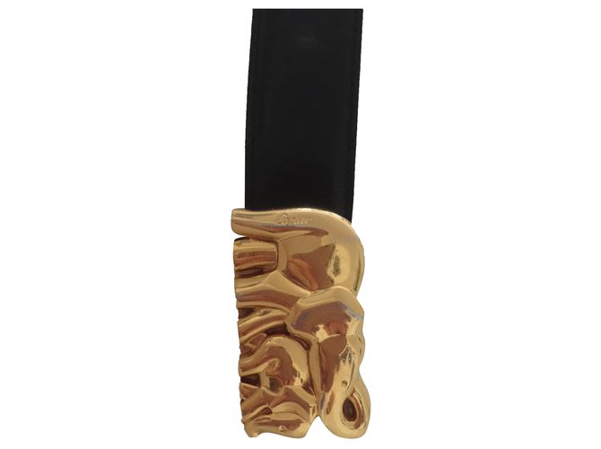 Cintura in vera pelle Cartier con fibbia a forma di elefante in metallo dorato Nero  ref.257031