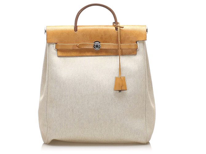 Hermès Hermes Brown Canvas Herbag sizeM Beige Leather Cloth Pony