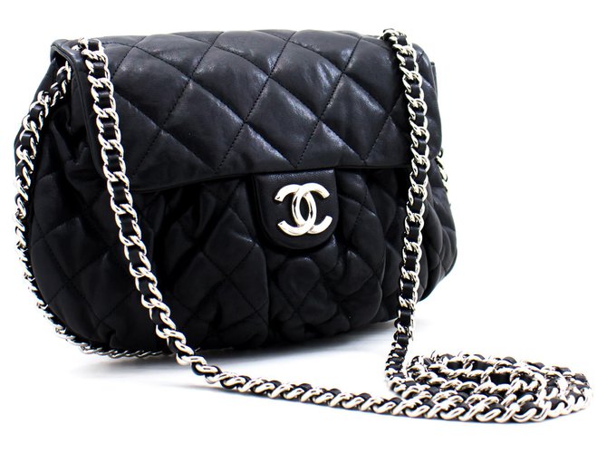 Chanel Chain Around Shoulder Flap Black Coated Lambskin
