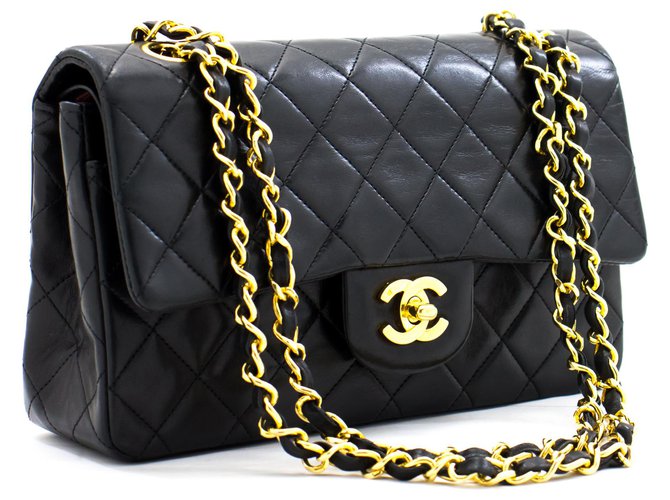 Chanel 2.55 lined flap 9" Chain Shoulder Bag Black Lambskin Purse Leather  ref.257692