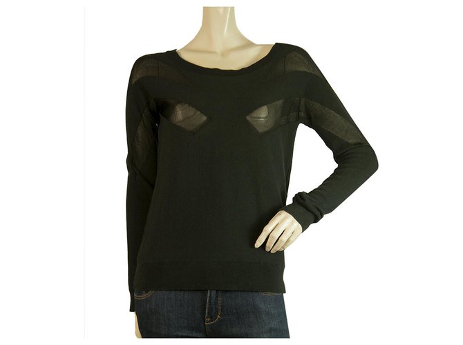 Surface to air Black Cotton Viscose Knit Sheer Panels Top Blouse size 34  ref.257970