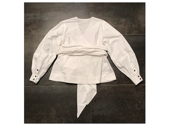 Blusa cruzada Ganni blanca de algodón Blanco