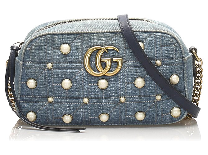 Gucci Blue Studded GG Marmont Denim Crossbody White Cloth ref