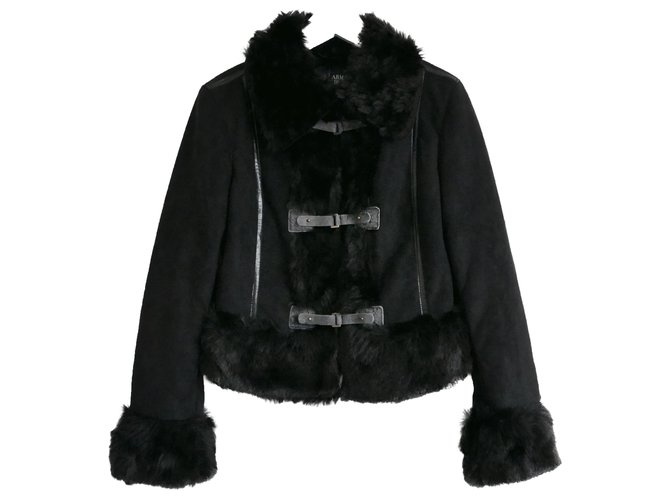 Armani Jeans Faux Leather & Fur Aviator Jacket Black Acrylic  ref.258409
