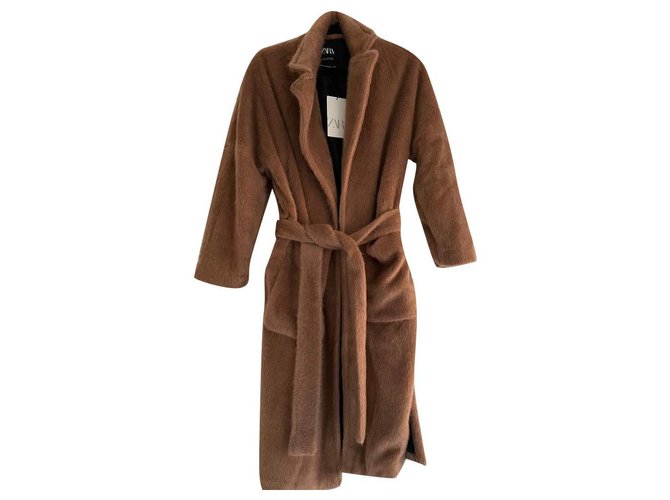 Zara Camel fluffy coat with belt Gr. XXL new with label Cognac Polyester  ref.258656
