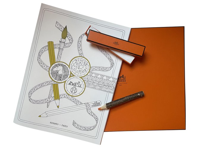 Hermès coloring book + Hermès pencil White Orange Wood  ref.258692