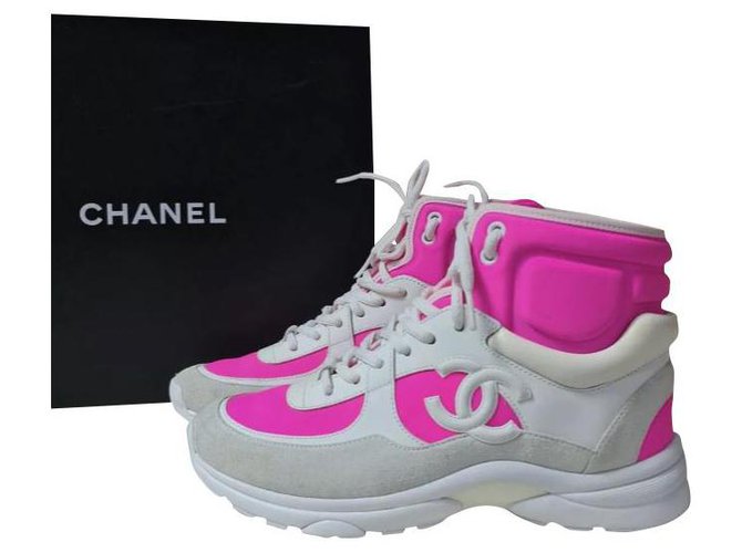 CHANEL CC LOGO WHITE PINK TRAINERS SNEAKERS High top Sz.38