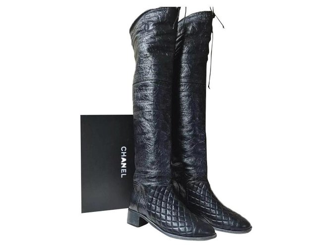 Chanel Matelasse Black Leather Over Knee Boots Sz. 38