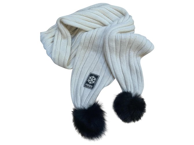 Fendi Cashmere Scarf White with Fur Pom Poms Cream 