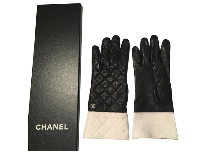 Chanel Gants Cuir Noir Blanc Cognac  ref.258908