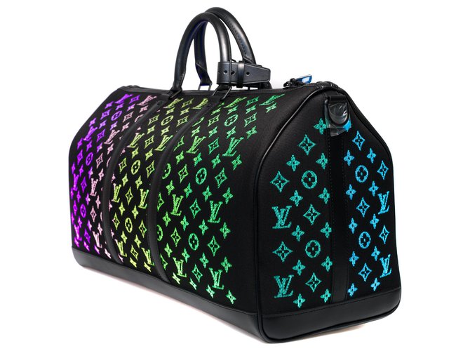 Extremely rare ultra-limited bag / Men's Fall-Winter Show 2019/ Louis Vuitton Keepall bag 50 Light Up shoulder strap Black Multiple colors Leather Cloth  ref.259396