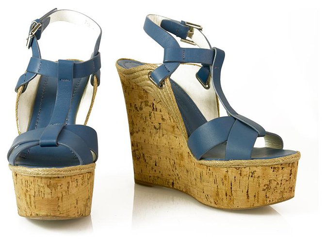 Coleção Ralph Lauren Plataforma de sandália de salto em cunha Fimesa Couro Azul Cortiça 7.5b  ref.259568