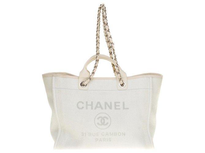 Très beau sac Cabas Chanel Deauville en toile et cuir blanc, garniture en métal argenté  ref.259754