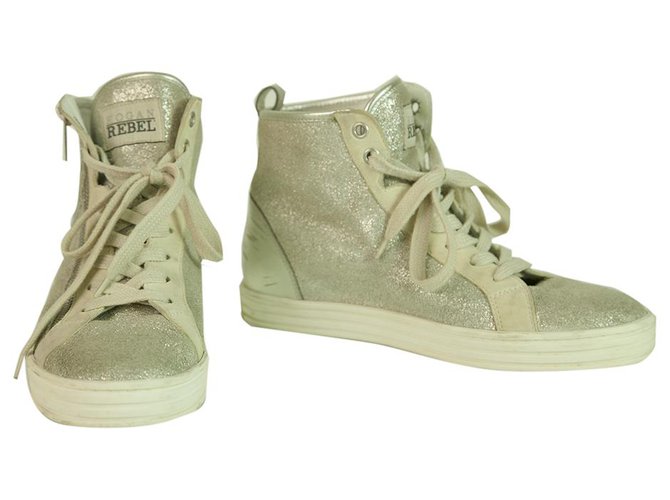 Hogan Rebel Silver Lace Up & Zipper High Top Trainers Sneakers size 37 shoes Silvery Leather  ref.259884
