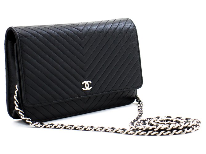 Wallet On Chain CHANEL V-Stitch Caviar Wallet an der Kette WOC Black Shoulder Bag Schwarz Leder  ref.259916