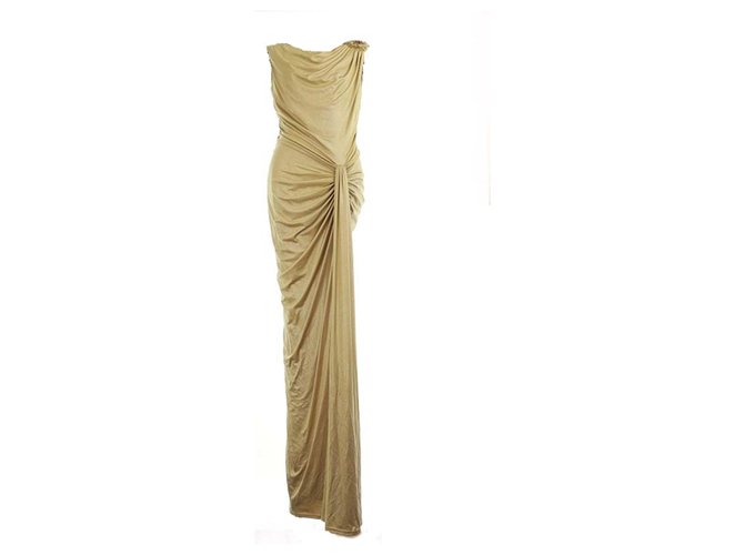 Tadashi Shoji Maxi Dress Gown Beige Golden Polyester  ref.260055