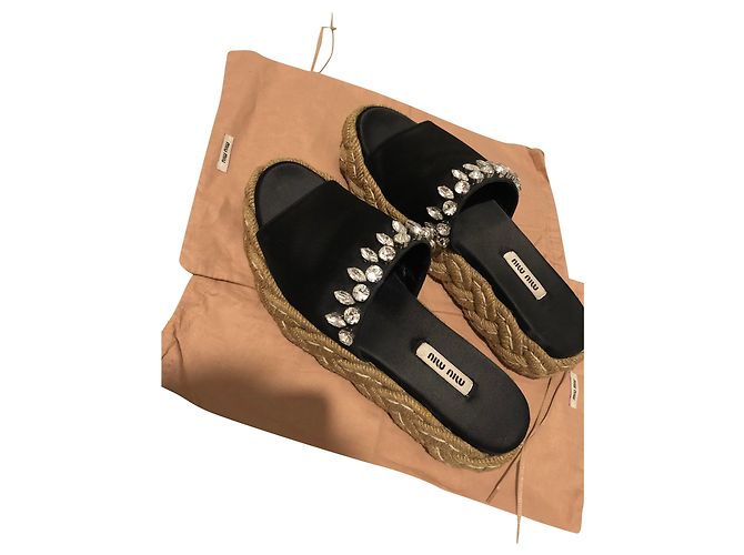 Miu Miu Satin Espadrilles Schwarz mit Leder