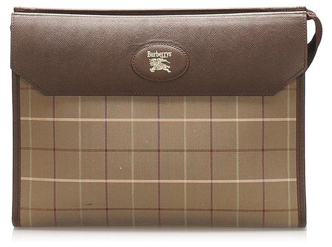 Burberry Brown Plaid Canvas Clutch Bag Beige Leather Cloth Pony-style calfskin Cloth  ref.260604