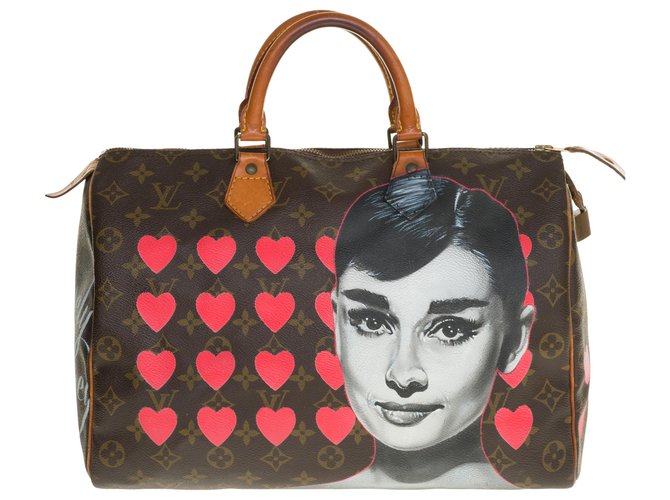 Superb Louis Vuitton Speedy bag 35 in custom monogram canvas "Lovely Audrey" by artist PatBo Brown Leather Cloth  ref.261236