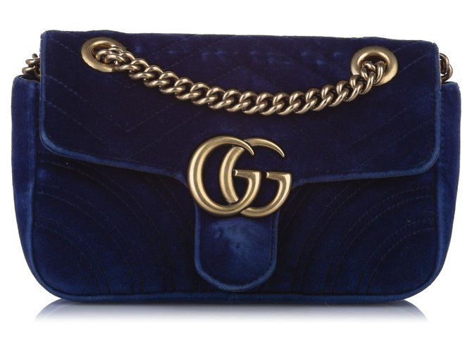 Bolso bandolera de terciopelo azul Gucci Mini GG Marmont Matelasse Metal Paño  ref.261282