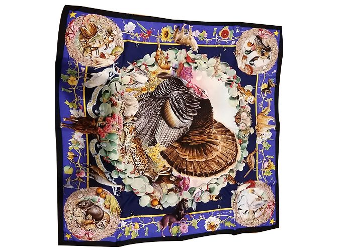 Hermès Flora e fauna del Texas Blu scuro Seta