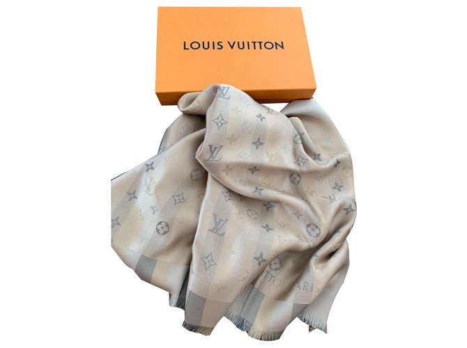 Louis Vuitton Monogram So Shine Silk Beige Shawl