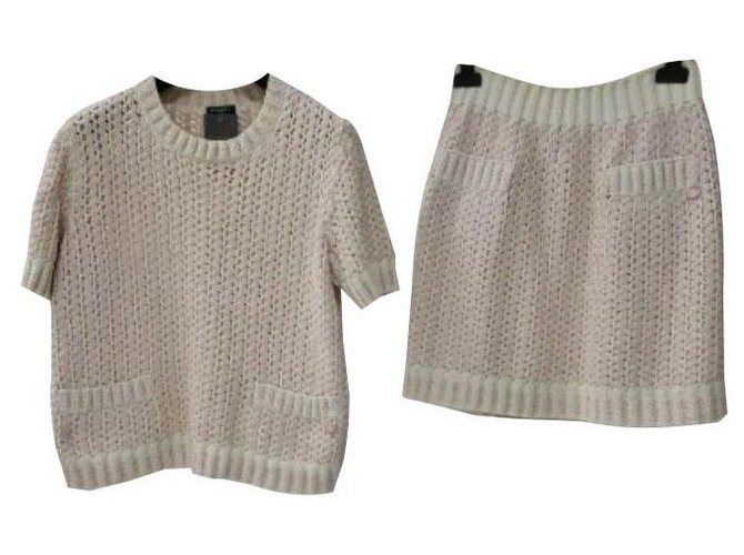 Tailleur jupe tricotée à logo Chanel Sz.38/40 Coton Rose  ref.261452