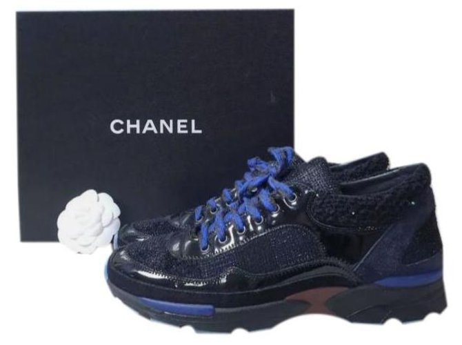 CHANEL CC LOGO Sneakers in Tweed di Pelle Verniciata Nera Tg.38 Multicolore  ref.262004