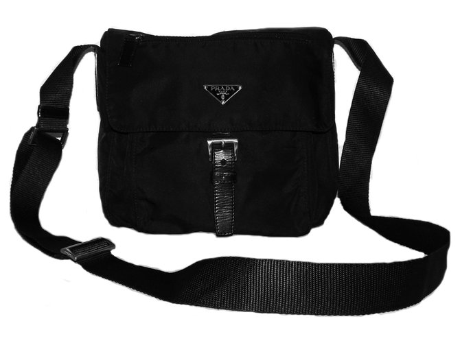 PRADA SMALL NYLON CROSSBODY BAG Black Leather Metal Cloth  - Joli  Closet