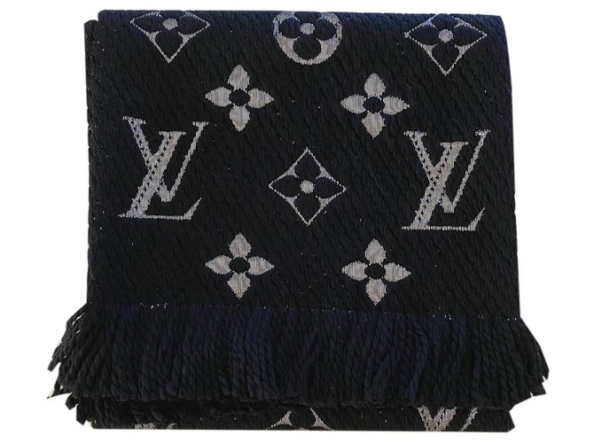Logomania Louis Vuitton brilhante preto Prata Seda Poliéster Lã  ref.262068