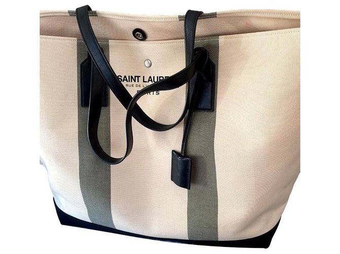 Saint Laurent canvas tote bag Black White Leather Cotton  ref.262238