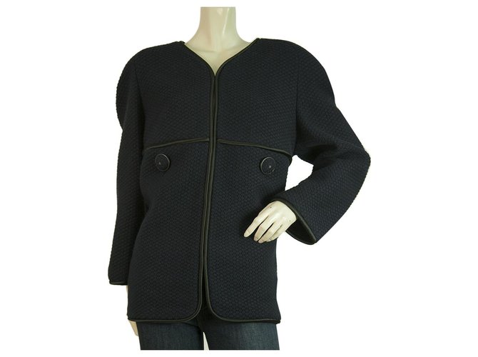 Tamanho da jaqueta com mistura de lã de algodão com fio de lã de tweed tecido de fita azul marinho Chanel 48 Poliamida  ref.262622