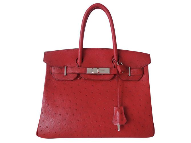 Hermès Bolsa HERMES BIRKIN 30 Avestruz Vermelho Couro  ref.262642