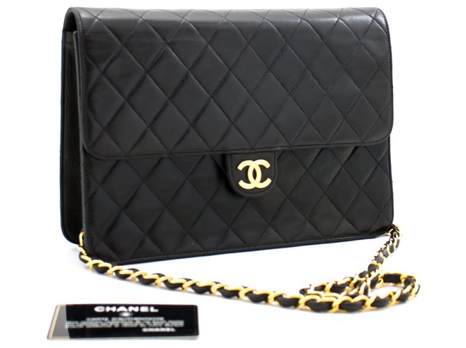 CHANEL Chain Shoulder Bag Clutch Black Quilted Flap Lambskin Leather  ref.262905