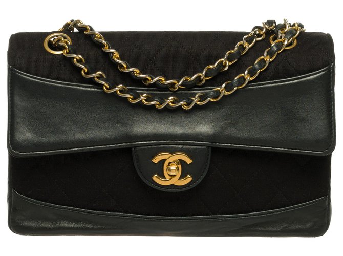 Timeless Rare Chanel Single Flap Bi-Material Leather and Vintage Jersey Bag with its Wallet Black Cotton  ref.263015