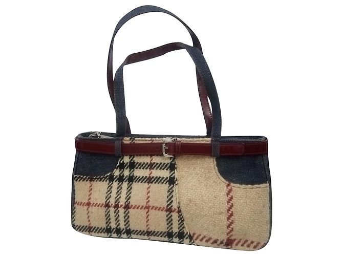 Borsa Burberry Baguette Beige Denim e Pelle Bordeaux