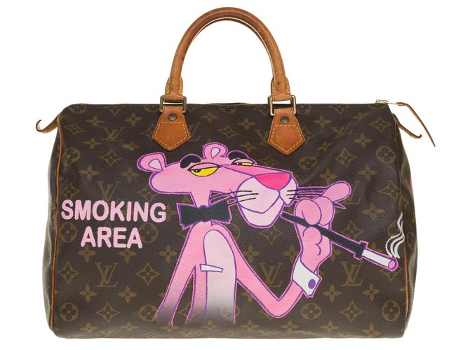 Speedy Louis Vuitton Muito bom rápido 35 em tela de monograma e couro personalizado "Pink Panther Smoking", do artista PatBo Marrom Lona  ref.263143