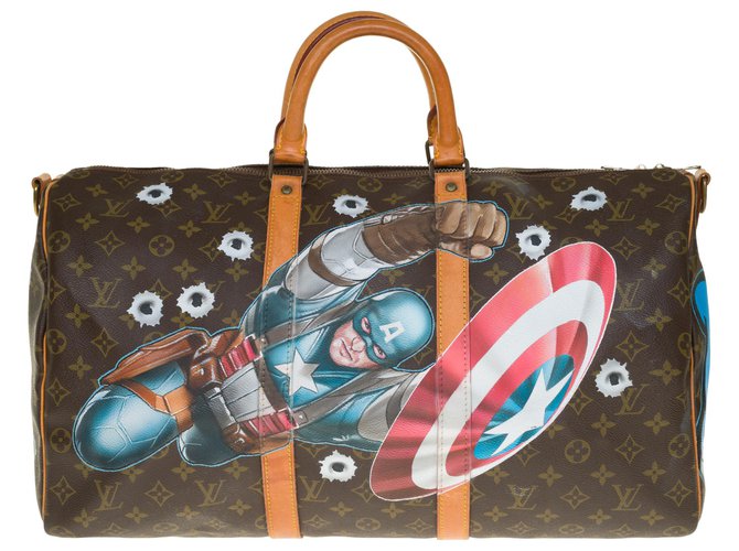 Eccezionale borsa da viaggio Louis Vuitton Keepall 50 monogramma personalizzato con cinturino in tela "Captain America Vs Mickey" dell'artista PatBo Marrone Pelle  ref.263155