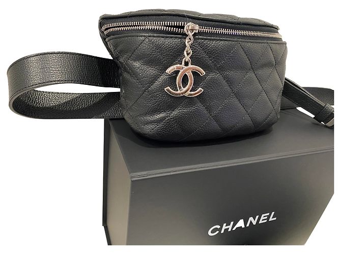 Chanel Black Grained Leather Belt Bag .