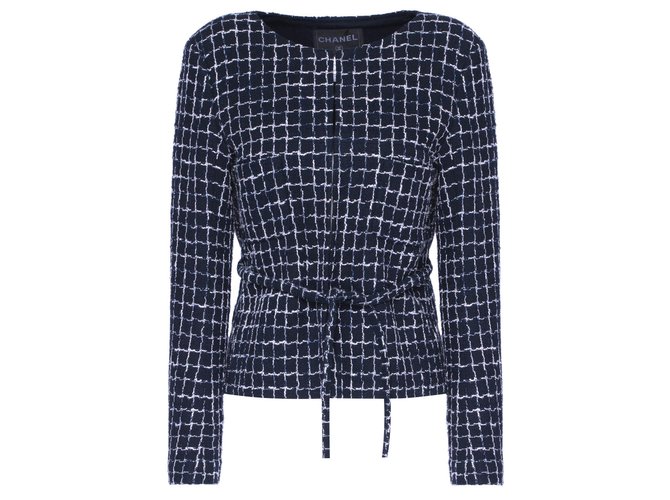 Chanel Veste de défilé avec ceinture Tweed Bleu Marine  ref.263247