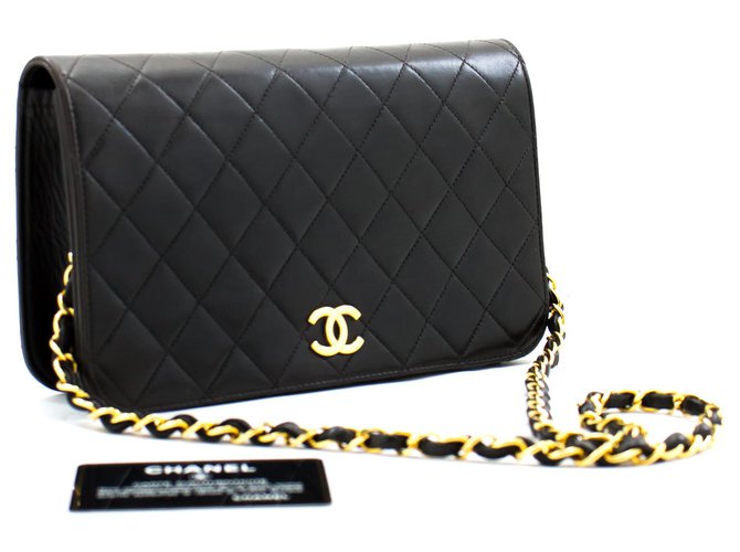 CHANEL Full Flap Chain Shoulder Bag Clutch Black Quilted Lambskin Leather  ref.263500