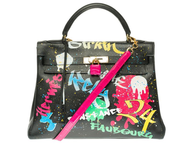 Splendida creazione della borsa a tracolla Hermès Kelly 32 tornato in epsom nero personalizzato con Pink Croco e l'artista PatBo! Multicolore Pelle Pelli esotiche  ref.263719