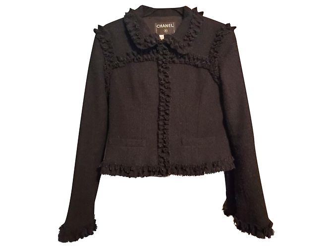 Chanel Little Black Wool Boucle Jacket with ruffles