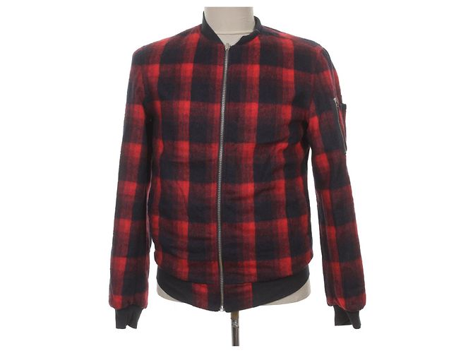DANIELE ALESSANDRINI Reversible Wool Blend Check Plaid Red/Navy Blue Bomber Jacket Coat Black Dark red