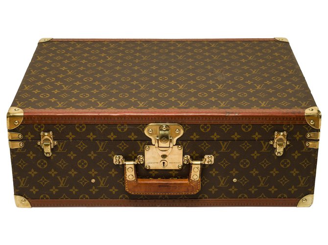 Splendid Luxury Kennel for small dogs from a Louis Vuitton Bisten suitcase 60 in custom brown monogram canvas with beige bull calf, wool and cashmere monogram Leather Cloth  ref.263784