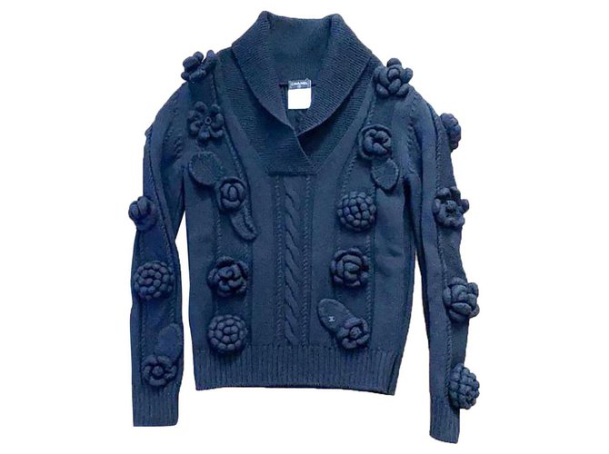 Chanel Flower Crochet sweater Black Wool  ref.263792