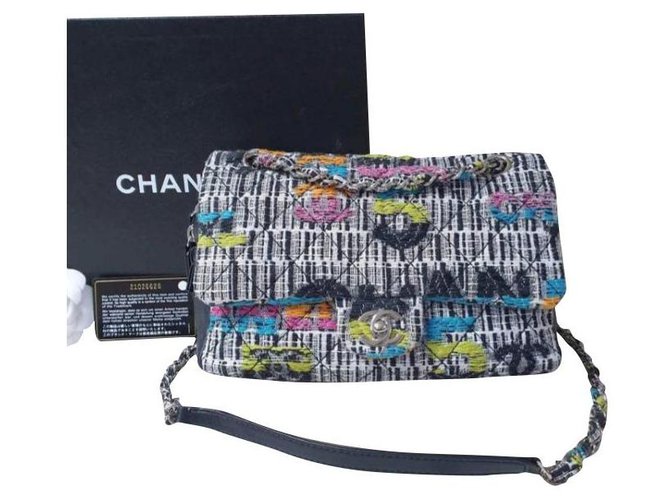 Borsa Chanel Easy Flap media in tweed fantasia multicolore e pelle di agnello nera  ref.263915