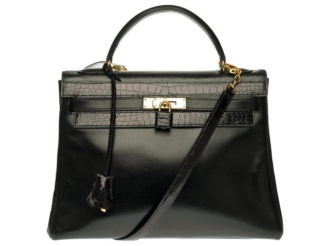 Très beau sac Hermès Kelly 32 retourné en cuir box noir customisé avec crocodile noir, garnitures en métal plaqué or Cuirs exotiques  ref.264246