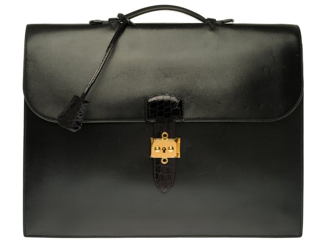 Splendide Hermès Sac à dépêches en cuir box noir customisé avec crocodile noir  ref.264269