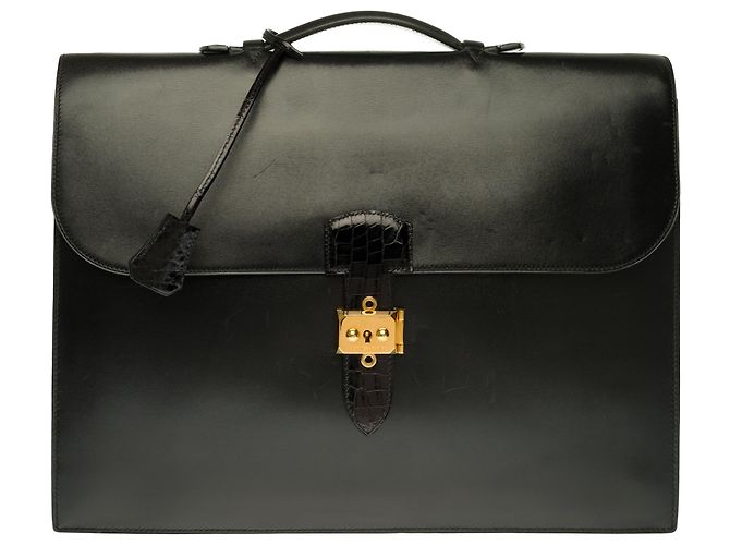 Sac à dépêches Splendid Hermès Dispatch bag in black box leather customized with black crocodile
